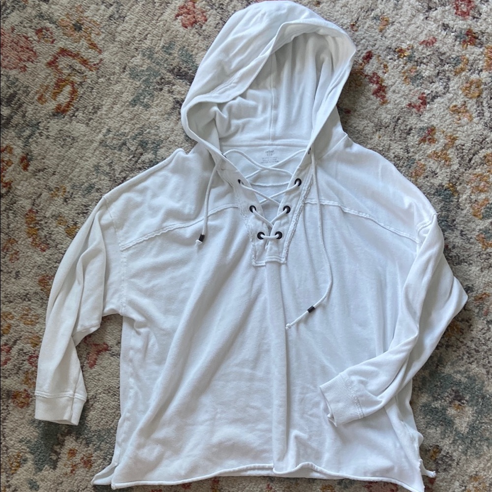 Aerie White Lace-Up Hooded Sweatshirt